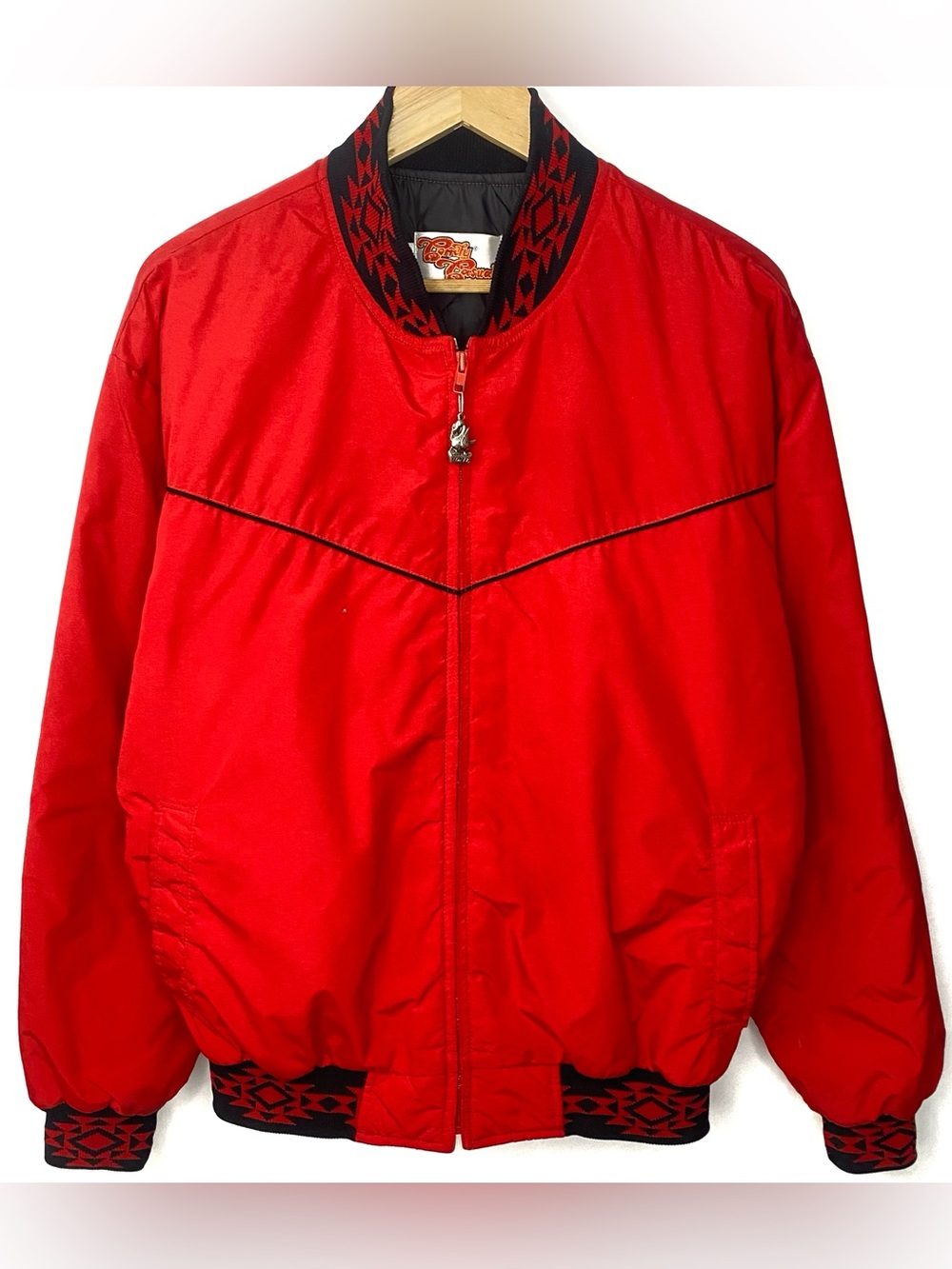 Vintage Comfy Casuals Mens Red & Black Western Aztec Bomber Jacket Made In USA L